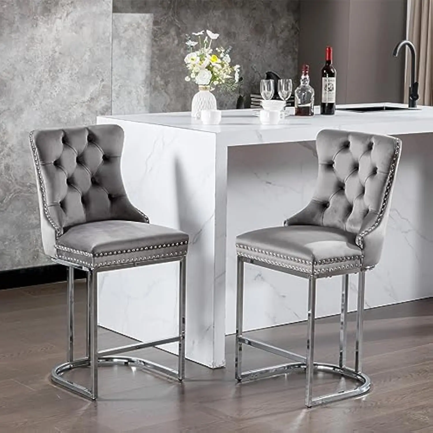 Bar Stools Set of 2, Counter Height Barstools with Chrome Metal Base, Modern Velvet Barstools with Button Back & Rivet Trim, U
Bar Stools Set of 2, Counter Height Barstools with Chrome Metal Base, Modern Velvet Barstools with Button Back & Rivet Trim, U