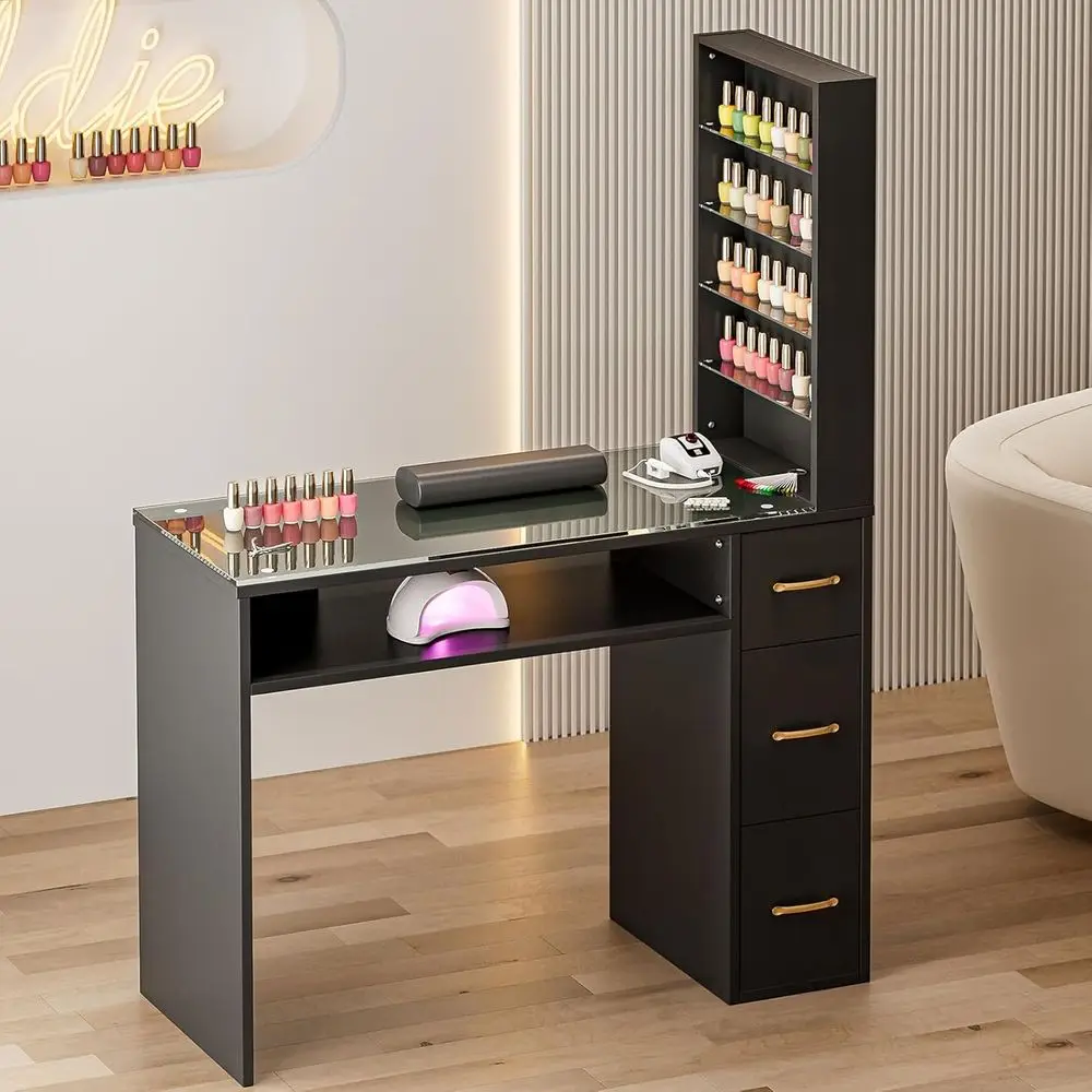 Маникюрный стол для Nail Tech с выдвижными ящиками, настольная станция для ногтей со стеклянной столешницей и полками для хранения, подушка на запястье, золотые ручки, Spa Bea
Маникюрный стол для Nail Tech с выдвижными ящиками, настольная станция для ногтей со стеклянной столешницей и полками для хранения, подушка на запястье, золотые ручки, Spa Bea