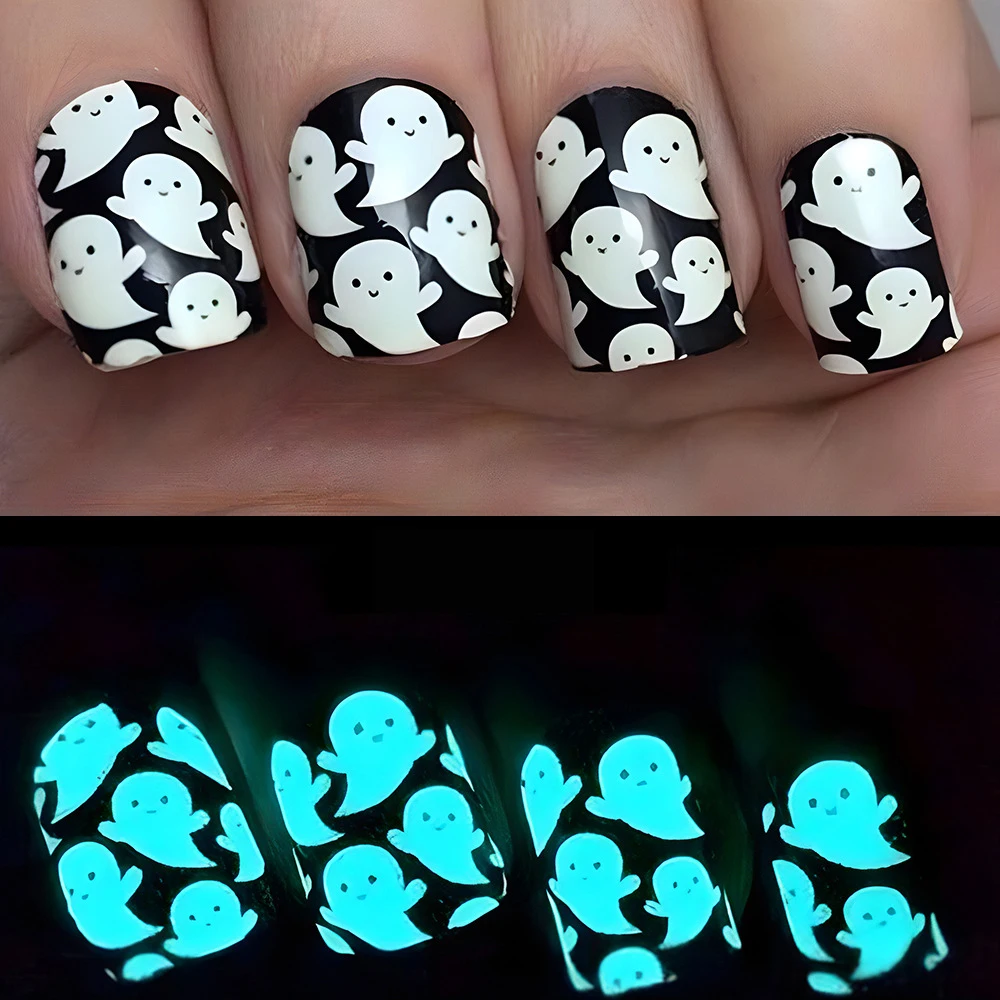 Cute Halloween fake nails luminous ghost black white colors short square tips faux ongles press on acrylic false nail accessorie
Cute Halloween fake nails luminous ghost black white colors short square tips faux ongles press on acrylic false nail accessorie