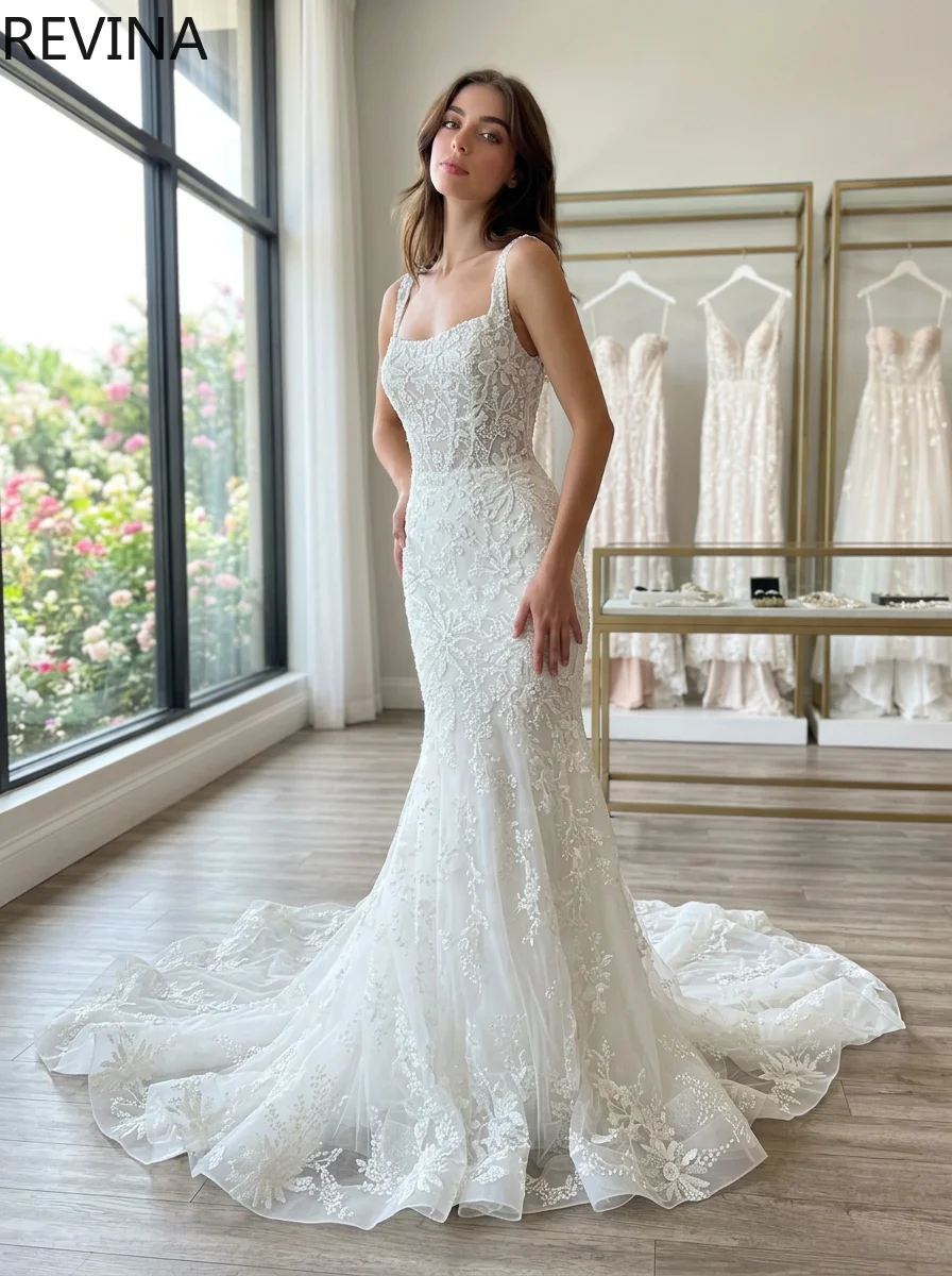 Elegant White Lace Mermaid Wedding Dress Women Square Neck Sleeveless Beaded Applique Bridal Gown Vestidos De Novia Customized
Elegant White Lace Mermaid Wedding Dress Women Square Neck Sleeveless Beaded Applique Bridal Gown Vestidos De Novia Customized