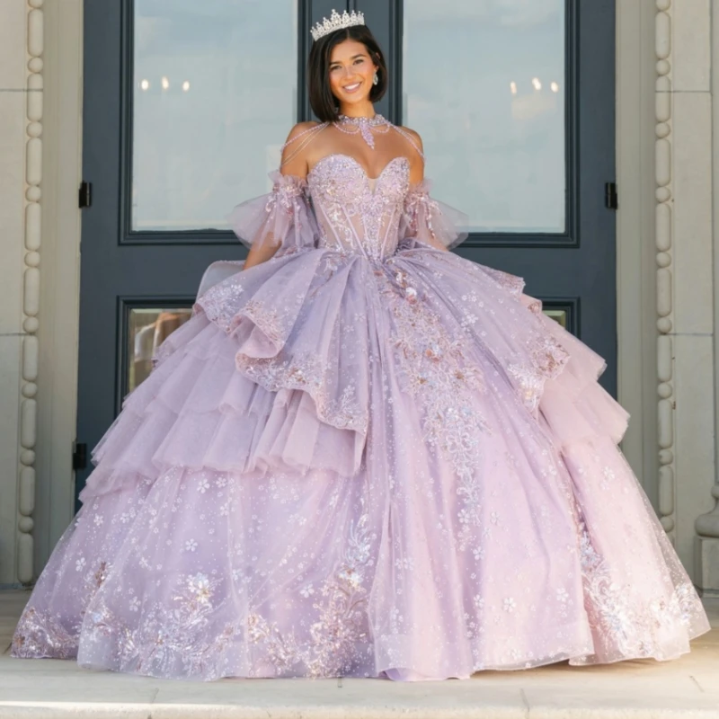 Light Lilac Shiny Ball Gown Quinceanera Dresses 2026 Applique Lace Beading Crystal Corset Tull Off Shoulder Sweet 16 Dress Vesti
Light Lilac Shiny Ball Gown Quinceanera Dresses 2026 Applique Lace Beading Crystal Corset Tull Off Shoulder Sweet 16 Dress Vesti