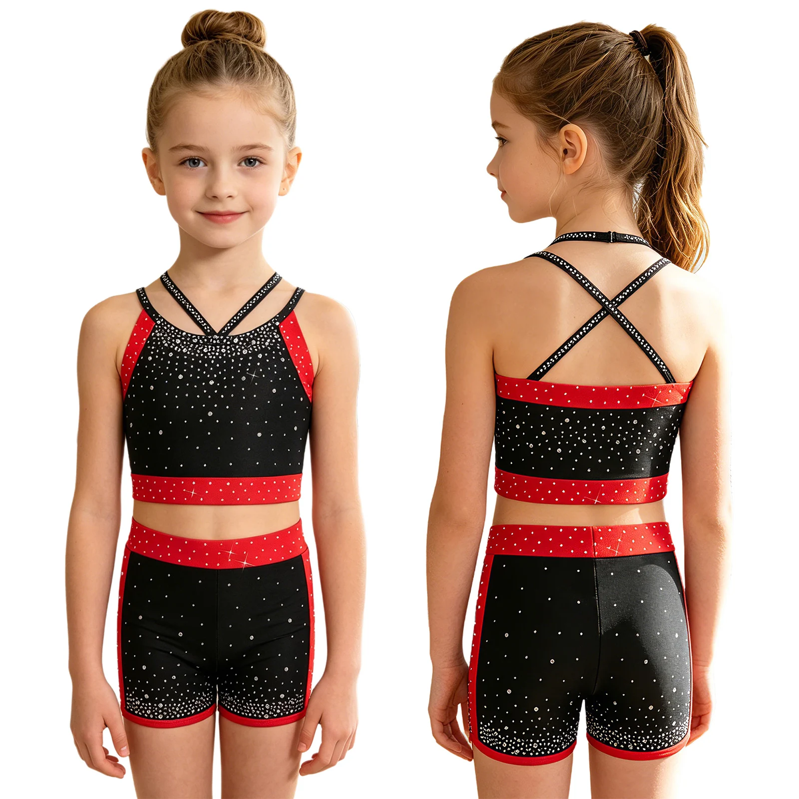 Kids Girls Ballet Dance Gymnastics Costume Shiny Rhinestone Halter Crop Top with Shorts for Figure Skating Acrobatic Performance
Kids Girls Ballet Dance Gymnastics Costume Shiny Rhinestone Halter Crop Top with Shorts for Figure Skating Acrobatic Performance