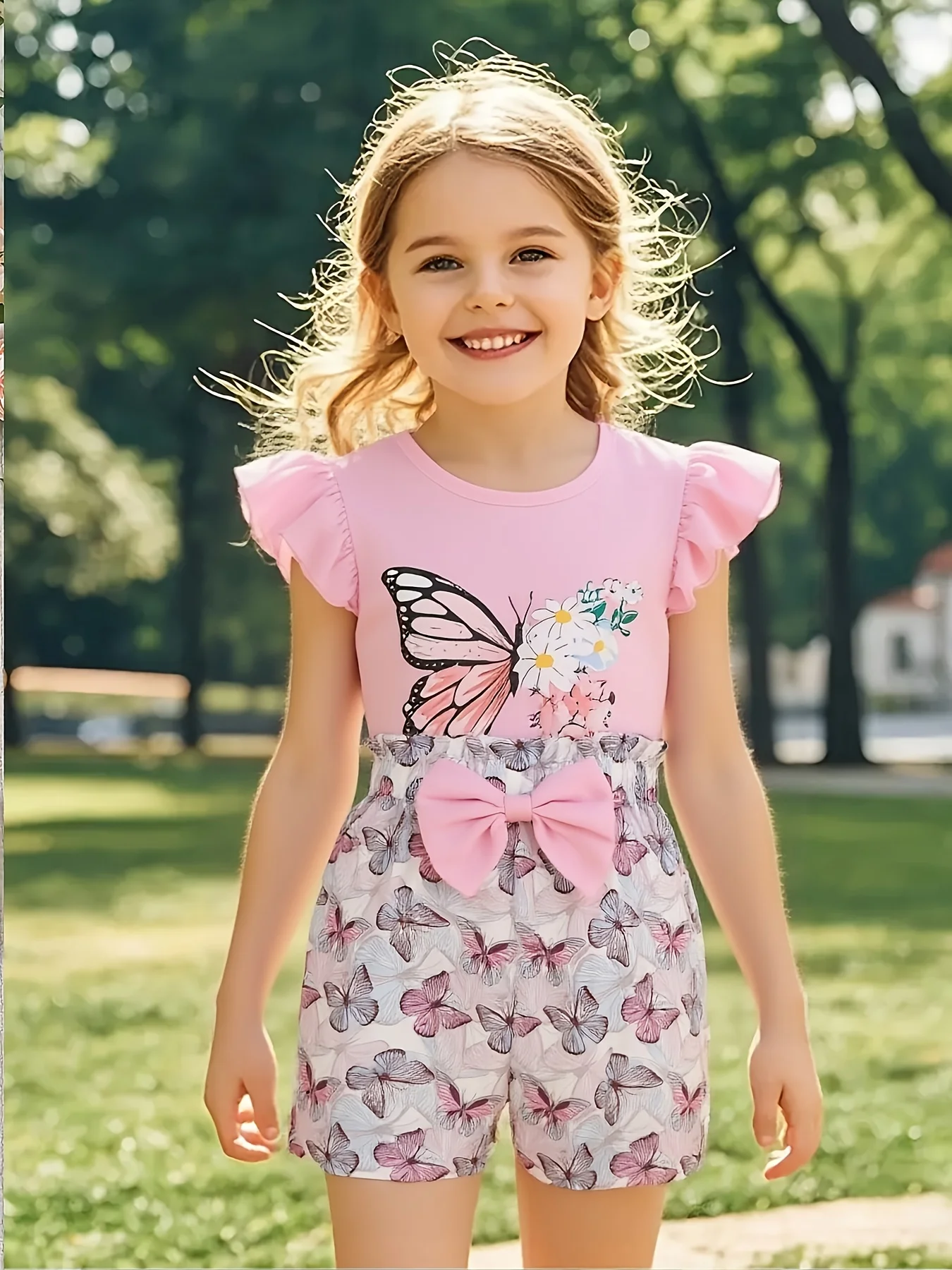 Pink Sweet Butterfly Print Flutter-Sleeve Set - Big Bow Shorts Girls’ Fresh Lively Summer Outfit
Pink Sweet Butterfly Print Flutter-Sleeve Set - Big Bow Shorts Girls’ Fresh Lively Summer Outfit