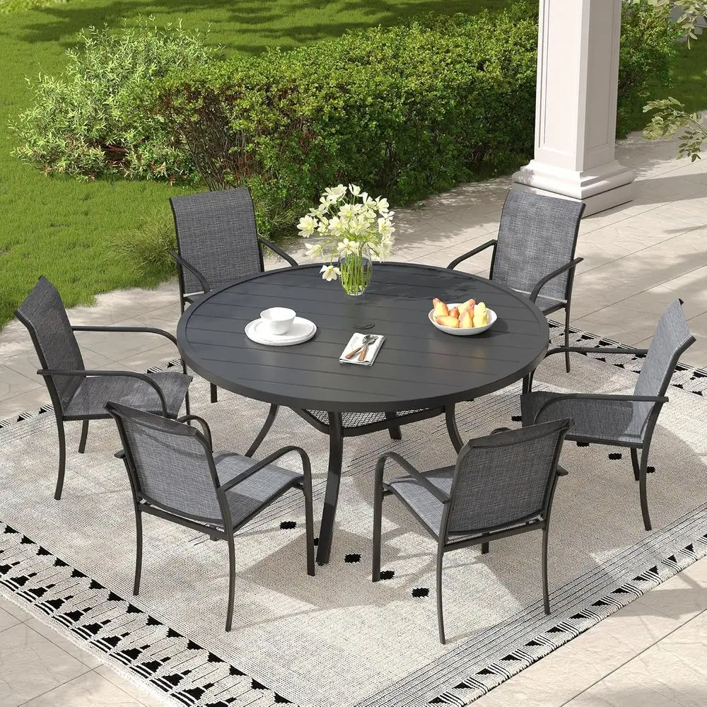 7-Piece Outdoor Dining Set: Stackable Patio Chairs, 47.2 Round Table with Umbrella Hole, Ideal for Backyard, Deck, or Garden in
7-Piece Outdoor Dining Set: Stackable Patio Chairs, 47.2 Round Table with Umbrella Hole, Ideal for Backyard, Deck, or Garden in
