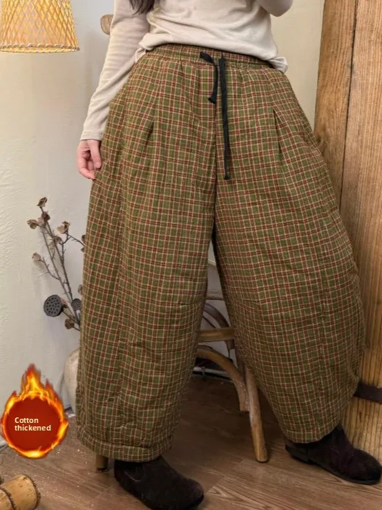 Thickened Warmth High Waist Wide Leg Harem Cotton Pants Women's Winter Casual Trousers Artistic Color Block Plaid Design
Thickened Warmth High Waist Wide Leg Harem Cotton Pants Women's Winter Casual Trousers Artistic Color Block Plaid Design