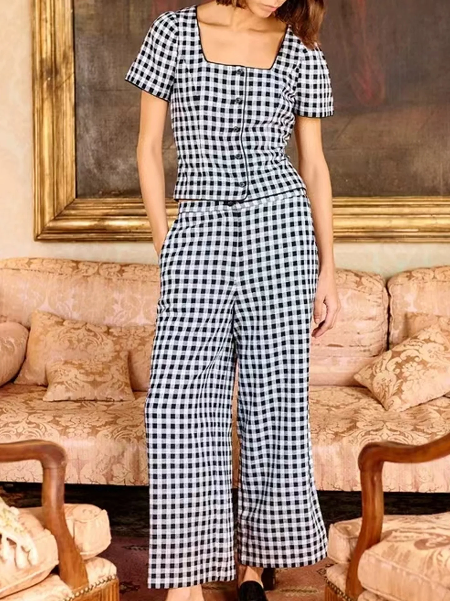 Withered Buckle Short Checkered Style Slimming Shirt+pants Set Oman Clothes Pant Sets New Two Piece Set Women's
Withered Buckle Short Checkered Style Slimming Shirt+pants Set Oman Clothes Pant Sets New Two Piece Set Women's