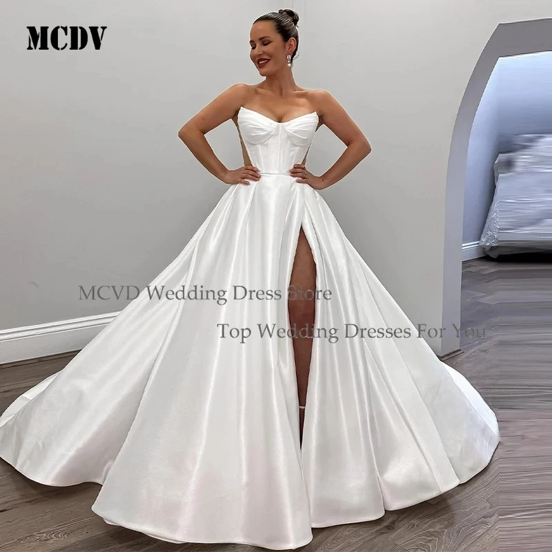 MCDV Simple Satin Wedding Dresses For Woman Bride A-line Slit Strapless Pleat Vestido De Casamento Personalized Customized
MCDV Simple Satin Wedding Dresses For Woman Bride A-line Slit Strapless Pleat Vestido De Casamento Personalized Customized