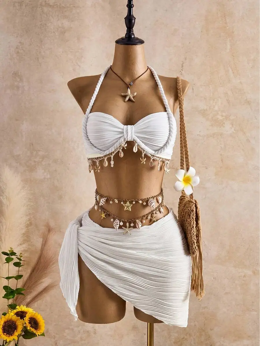 Womens White Pleated Halter Bikini Set With Seashell Star Decor And Waist Chain
Womens White Pleated Halter Bikini Set With Seashell Star Decor And Waist Chain