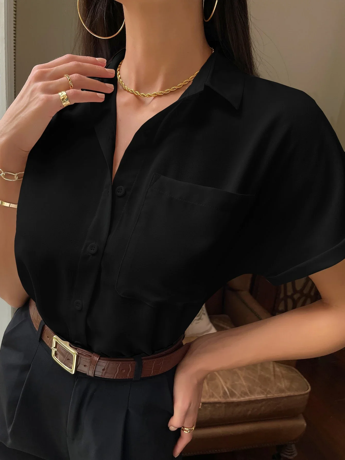 Minimalist Black Short Sleeve Shirt With Pocket Single Breasted For Office Casual Summer
Minimalist Black Short Sleeve Shirt With Pocket Single Breasted For Office Casual Summer
