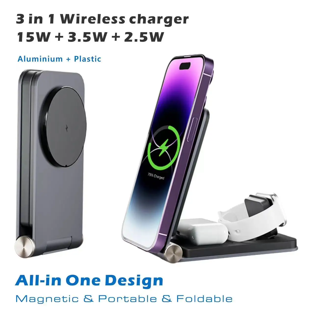 3 in 1 Magnetic Wireless Charger Aluminium Foldable Stand 15W Wireless Quick Charging Station for iPhone 15 Pro 12/13/14/iWatch/
3 in 1 Magnetic Wireless Charger Aluminium Foldable Stand 15W Wireless Quick Charging Station for iPhone 15 Pro 12/13/14/iWatch/