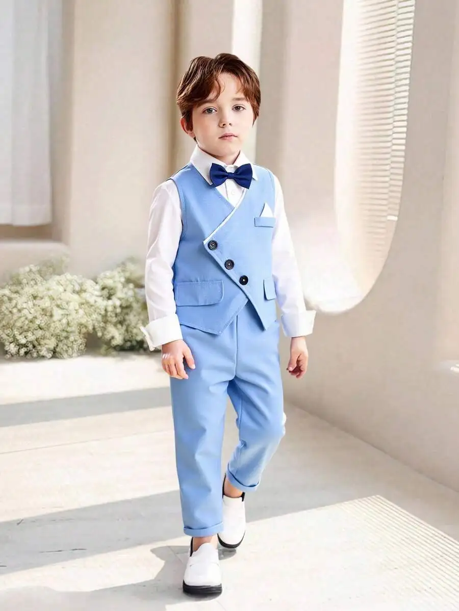 Boys Light Blue Formal Vest and Pants Set with Bow Tie for Weddings
Boys Light Blue Formal Vest and Pants Set with Bow Tie for Weddings