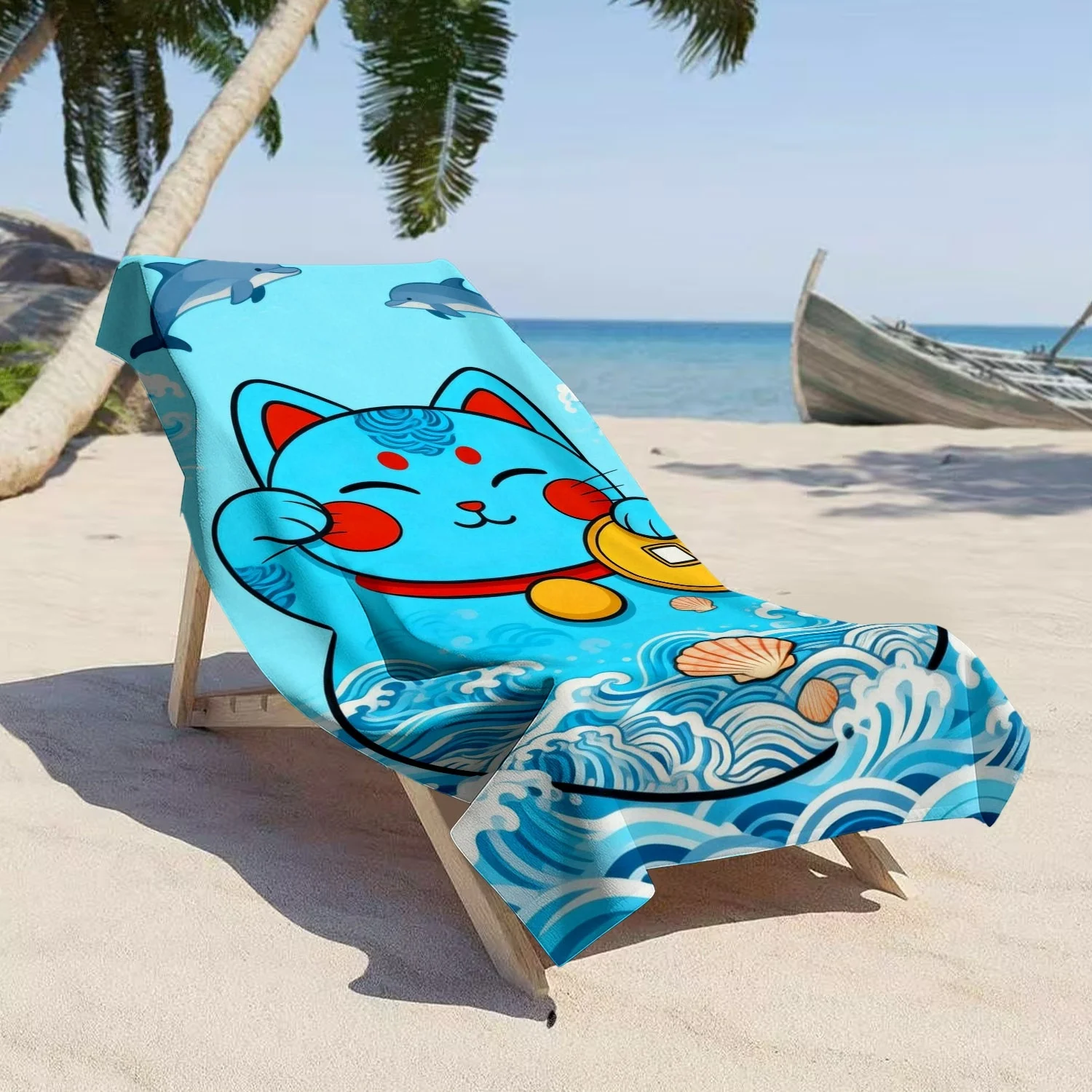 Яркое летнее пляжное полотенце, милое банное полотенце с принтом Манеки-нэко, синих волн и дельфинов, пляжное одеяло-талисман удачи для отпуска
Яркое летнее пляжное полотенце, милое банное полотенце с принтом Манеки-нэко, синих волн и дельфинов, пляжное одеяло-талисман удачи для отпуска