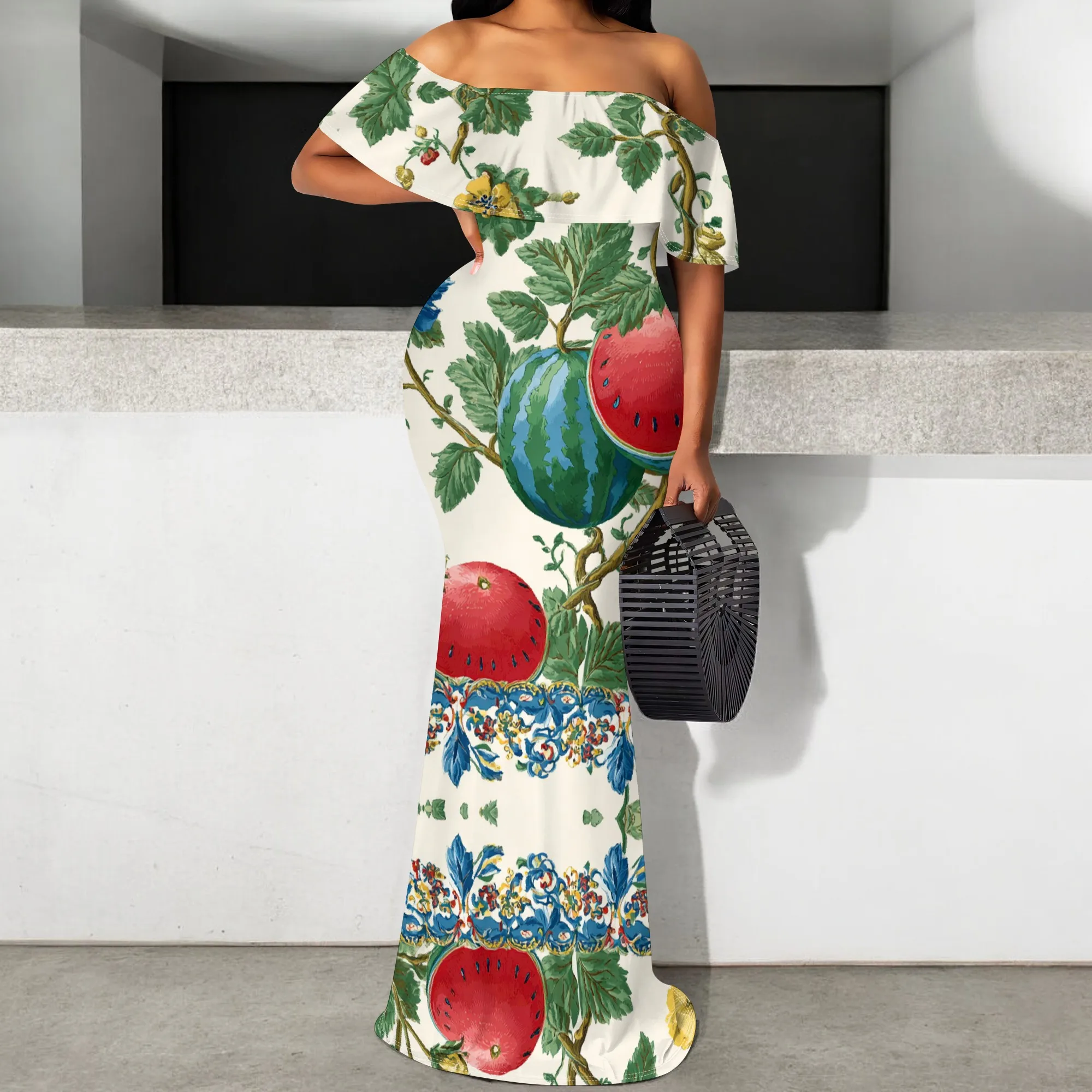 Women's Tropical Fruit Print Maxi Dress 2025 Summer Off Shoulder Slim Fit Mermaid Hem Long Dress for Vacation Party S-3XL
Women's Tropical Fruit Print Maxi Dress 2025 Summer Off Shoulder Slim Fit Mermaid Hem Long Dress for Vacation Party S-3XL