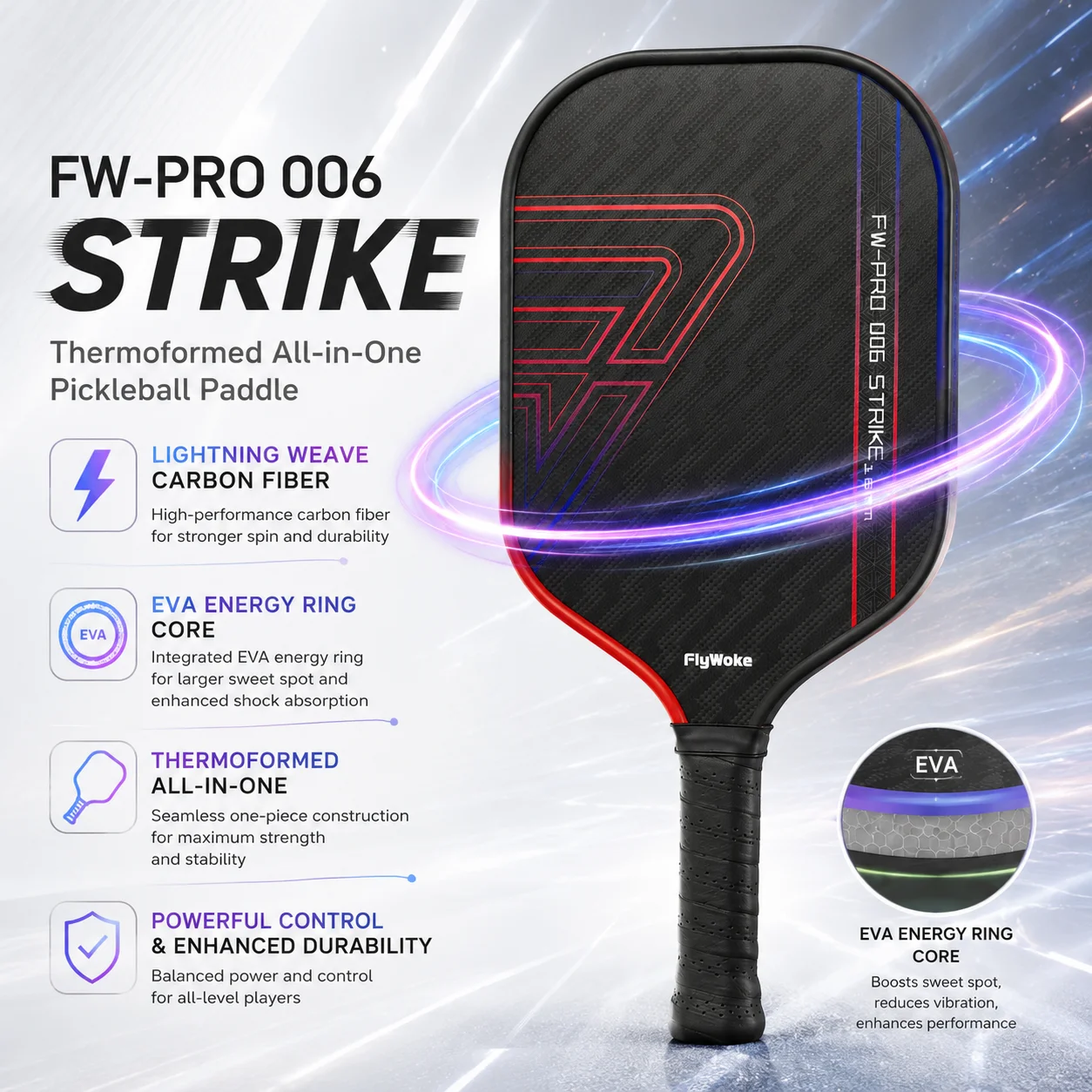FlyWoke-G3.0 Lightning Pattern T800 Carbon Fiber Pickleball Paddle with EVA Power Ring Large Sweet Spot High Friction
FlyWoke-G3.0 Lightning Pattern T800 Carbon Fiber Pickleball Paddle with EVA Power Ring Large Sweet Spot High Friction