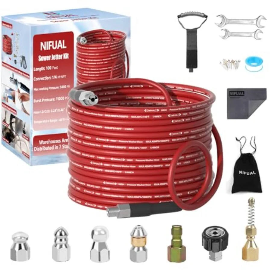 NIFUAL Sewer Jetter Kit for Pressure Washer 5800PSI Pressure Drain Cleaner 1/4 Inch NPT Corner Rotating and Button Hose Sewer J
NIFUAL Sewer Jetter Kit for Pressure Washer 5800PSI Pressure Drain Cleaner 1/4 Inch NPT Corner Rotating and Button Hose Sewer J
