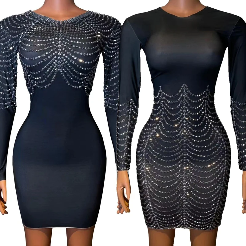 New Dacron Silver Rhinestones Dress Women Long Sleeved Party Dress Festival Outfit Nightclub Dj DS Stage Dance Costume
New Dacron Silver Rhinestones Dress Women Long Sleeved Party Dress Festival Outfit Nightclub Dj DS Stage Dance Costume