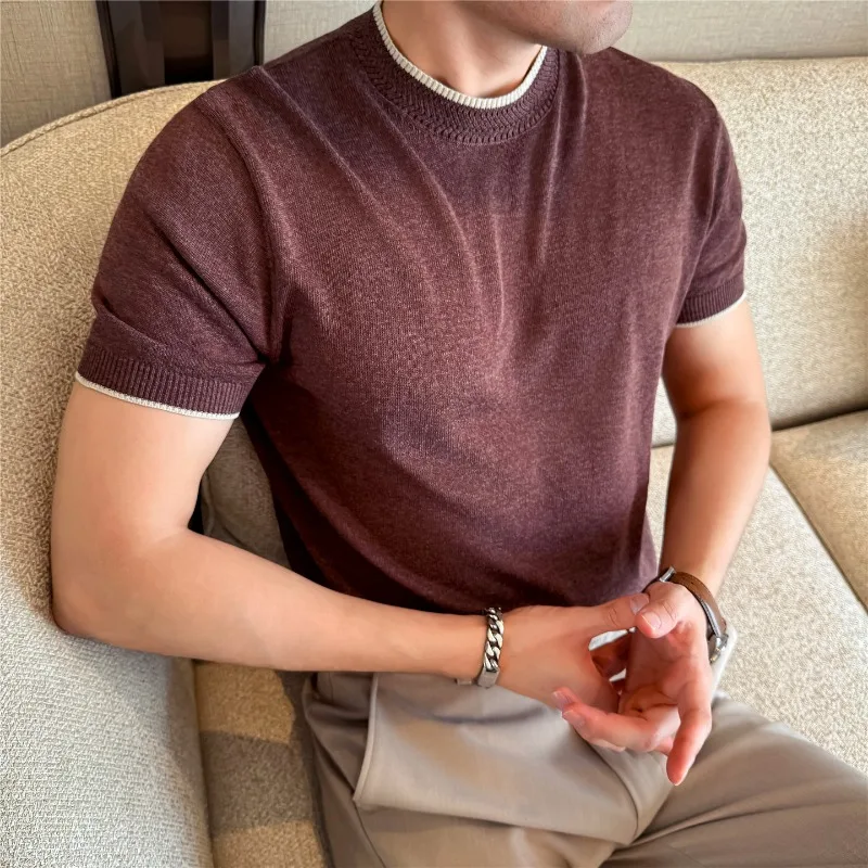 High Quality Men Short Sleeve Knitted T-Shirt Summer Light Thin High Elastic T-Shirt Solid Casual Slim Fit Half High Collar Top
High Quality Men Short Sleeve Knitted T-Shirt Summer Light Thin High Elastic T-Shirt Solid Casual Slim Fit Half High Collar Top