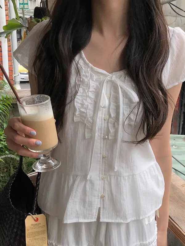 Sweet Summer Short Sleeve Shirt Women's Korean Style Loose Fit Doll Shirt Wooden Trim Bow Tie Top Age Defying Fashionable
Sweet Summer Short Sleeve Shirt Women's Korean Style Loose Fit Doll Shirt Wooden Trim Bow Tie Top Age Defying Fashionable
