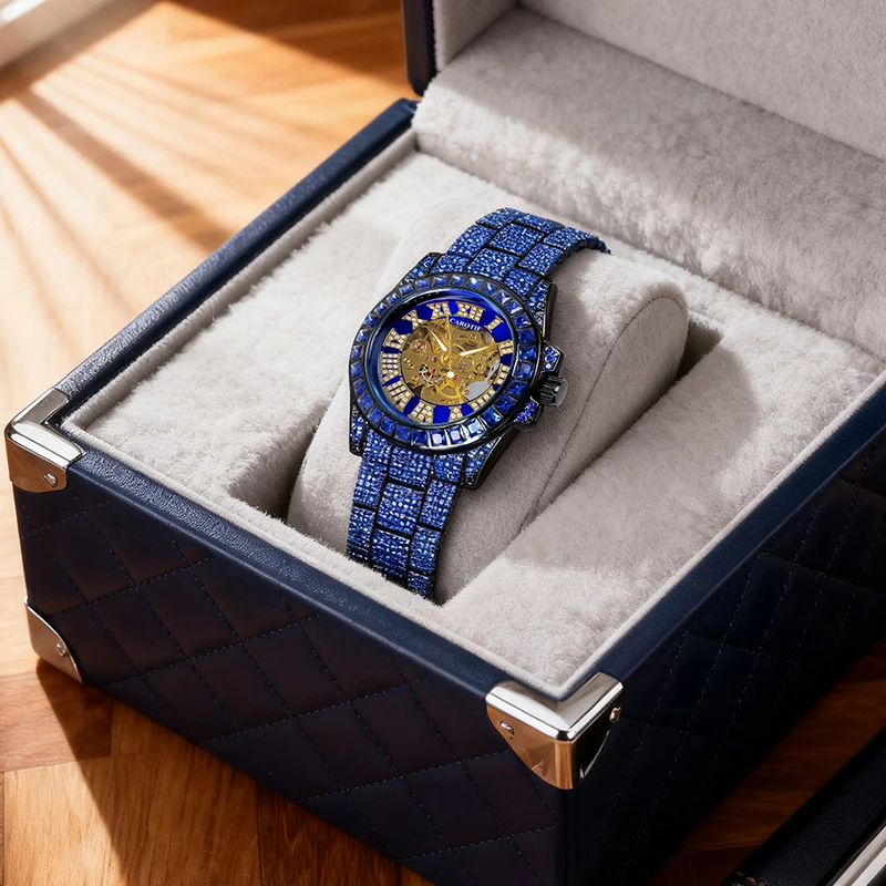 A men's blue steel strip fashion style classic hollow pointer fully automatic mechanical watch
A men's blue steel strip fashion style classic hollow pointer fully automatic mechanical watch