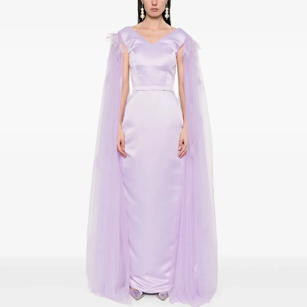 Lilac Satin Evening Gown Sheath Formal Party Dress Floor Length Prom Dress Tulle Cloak Sleeves Saudi Arabia Dress
Lilac Satin Evening Gown Sheath Formal Party Dress Floor Length Prom Dress Tulle Cloak Sleeves Saudi Arabia Dress