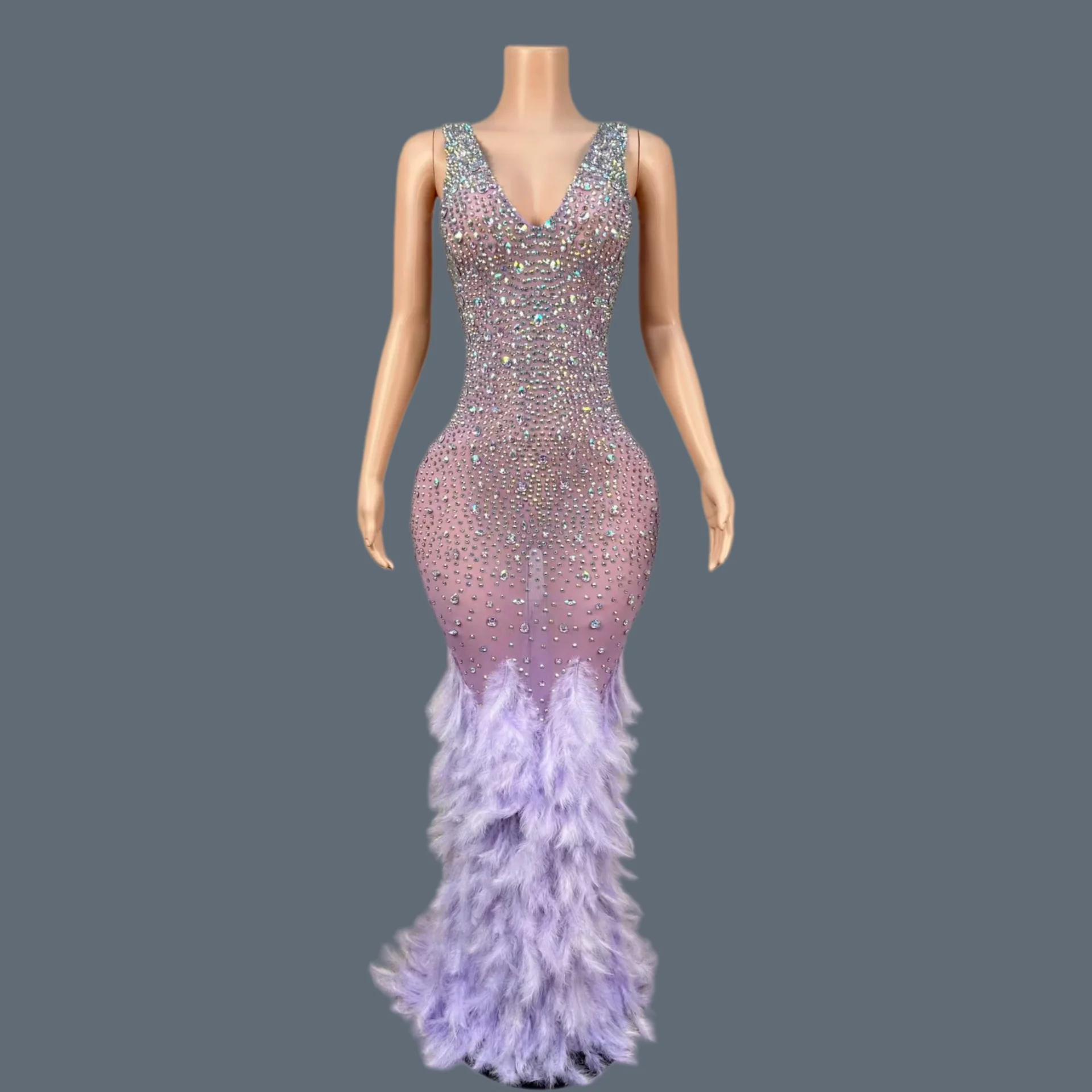Luxury Elegant Sparkly Crystals Feather Lilac Mermaid Dress Birthday Night Party Deep V Neck Tight Fitting Evening Gown Kongque
Luxury Elegant Sparkly Crystals Feather Lilac Mermaid Dress Birthday Night Party Deep V Neck Tight Fitting Evening Gown Kongque