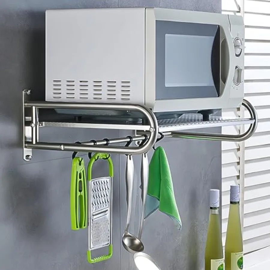 Stainless Steel Microwave Wall Mount Shelf with 6 Hooks - 66 lbs Capacity 21x15 Inches Easy Install Space-Saving Organizer for
Stainless Steel Microwave Wall Mount Shelf with 6 Hooks - 66 lbs Capacity 21x15 Inches Easy Install Space-Saving Organizer for