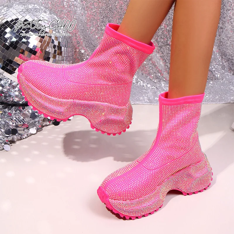Bling Rhinestone Full Covered Boots Woman Thick Sole Platform Neon Pink Sock Booties Ladies Brand Design Crystal Stretch Botas
Bling Rhinestone Full Covered Boots Woman Thick Sole Platform Neon Pink Sock Booties Ladies Brand Design Crystal Stretch Botas