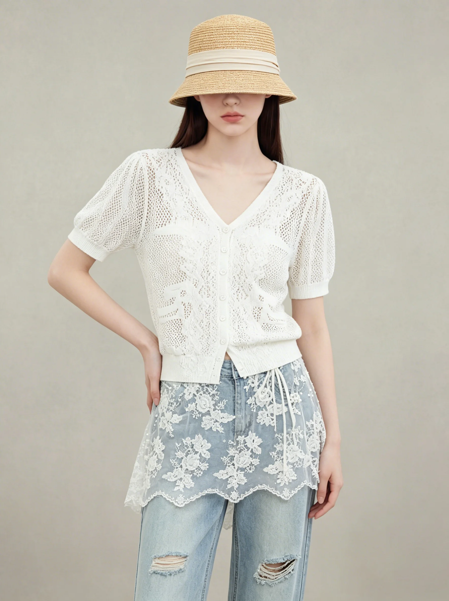 Lace Hollow out Short Sleeve V-Neck Trimmed Wide Leg Jeans Two-Piece Set Casual Fashion Spring Collection High Waist Jeans
Lace Hollow out Short Sleeve V-Neck Trimmed Wide Leg Jeans Two-Piece Set Casual Fashion Spring Collection High Waist Jeans