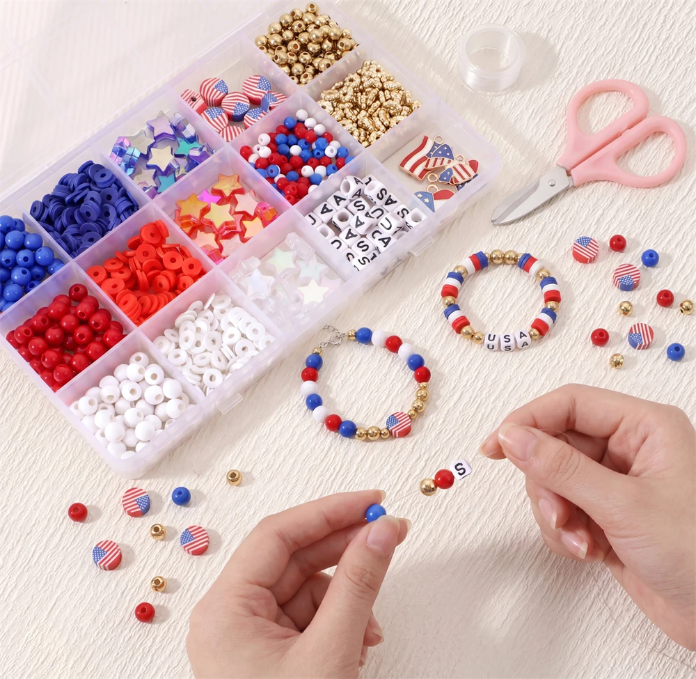 1160-1900pcs/Box US Independence Day Beads Set for DIY Beading Bracelet Phone Chain Jewelry Making Accessories Kit with Scissors
1160-1900pcs/Box US Independence Day Beads Set for DIY Beading Bracelet Phone Chain Jewelry Making Accessories Kit with Scissors