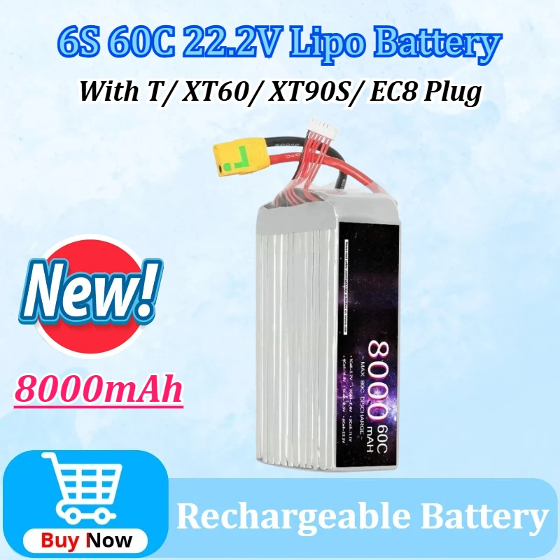 Upgraded 22.2V 8000mAh 6S 60C Lipo Battery for Drone RC FPV Helicopter Quadcopter Racing Parts with T/ XT60/ XT90S/ EC8 Plug
Upgraded 22.2V 8000mAh 6S 60C Lipo Battery for Drone RC FPV Helicopter Quadcopter Racing Parts with T/ XT60/ XT90S/ EC8 Plug