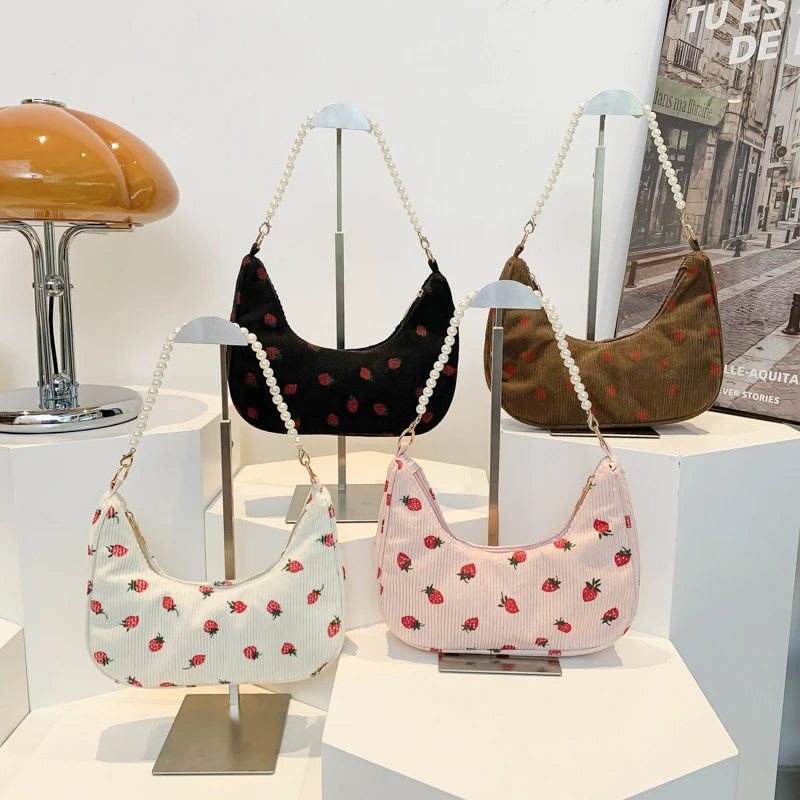 Korean Small Corduroy Handbag Tote Purse Strawberry Print Shoulder Bag for Women Girls Cute Underarm Bag with Bead Chain Strap
Korean Small Corduroy Handbag Tote Purse Strawberry Print Shoulder Bag for Women Girls Cute Underarm Bag with Bead Chain Strap