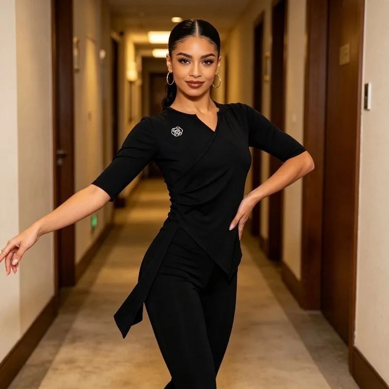 V-neck, Mid Sleeve, Latin Top, Women's Adult Irregular Ribbon Training Uniform, National Standard Modern Social Dance Costume
V-neck, Mid Sleeve, Latin Top, Women's Adult Irregular Ribbon Training Uniform, National Standard Modern Social Dance Costume