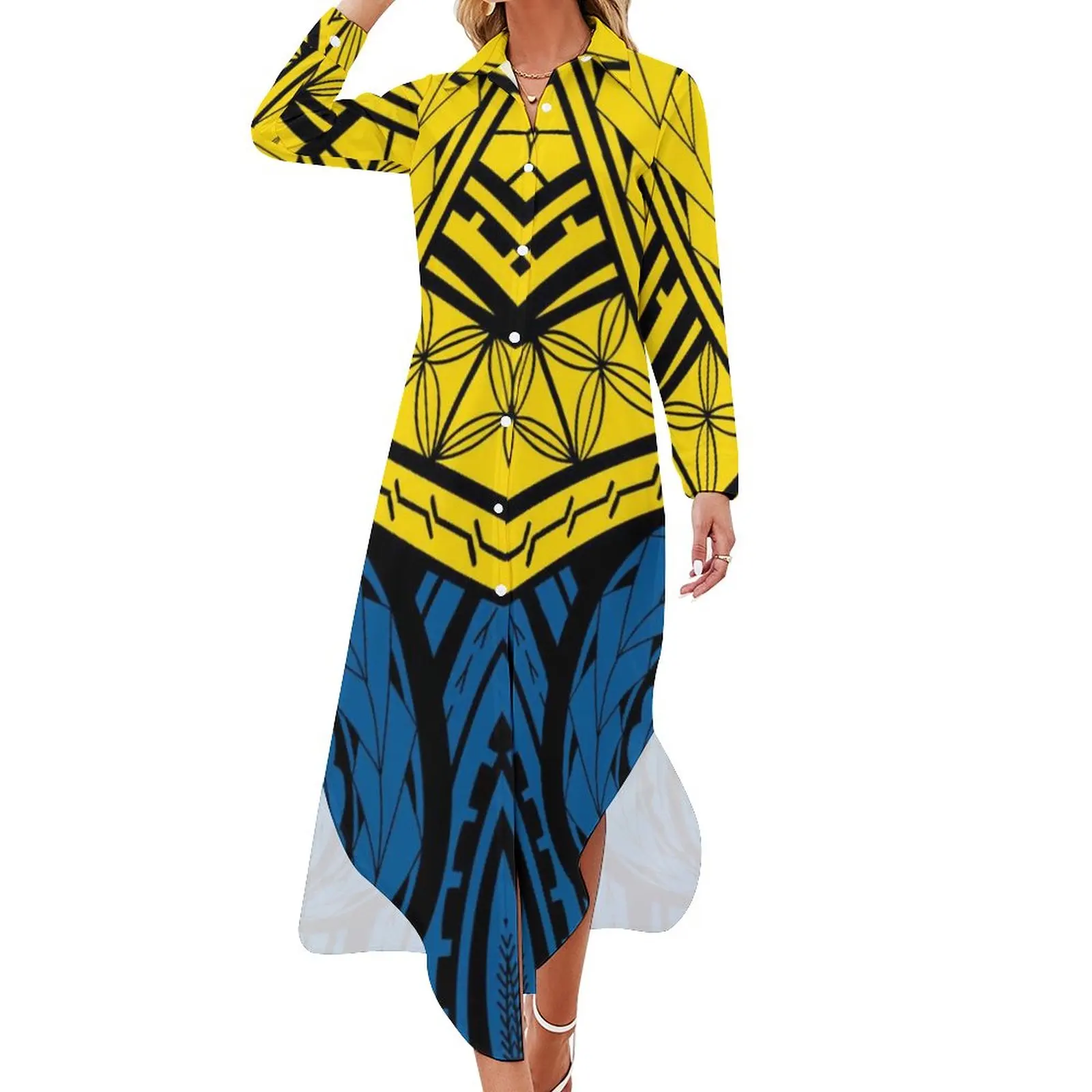 Women Custom Pattern Polynesian Dress Lady Single Breasted Lanter Sleeve Elegant Female Turn Down Collar Mid Split Slim Dresses
Women Custom Pattern Polynesian Dress Lady Single Breasted Lanter Sleeve Elegant Female Turn Down Collar Mid Split Slim Dresses