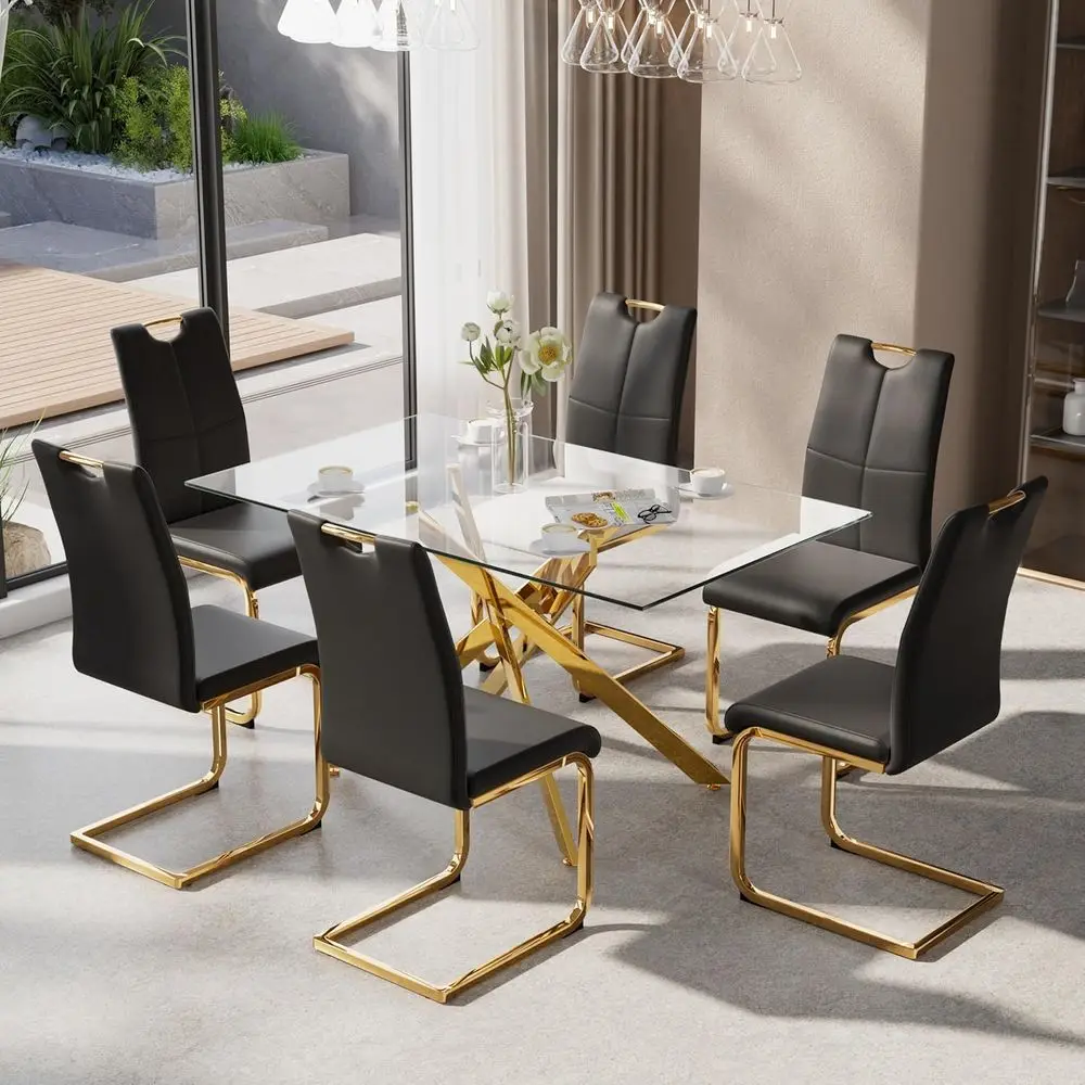 Space-Saving 7-Piece Glass Dining Set with 6 Leather Chairs for Small Spaces (Black & Gold)
Space-Saving 7-Piece Glass Dining Set with 6 Leather Chairs for Small Spaces (Black & Gold)