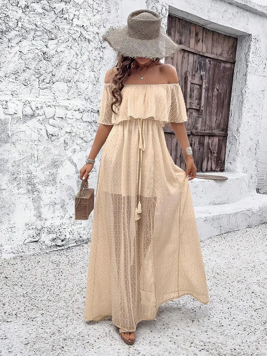 Women's Off Shoulder Polka Dot Maxi Dress with High Slit and Tassel Tie
Women's Off Shoulder Polka Dot Maxi Dress with High Slit and Tassel Tie
