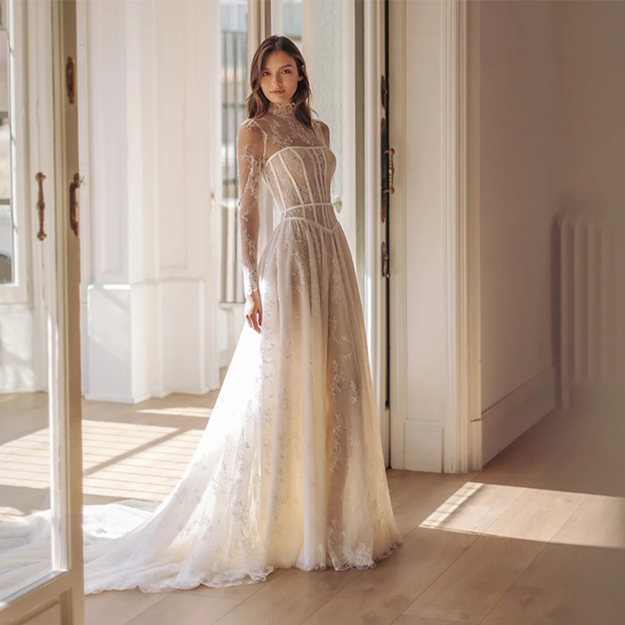 Customized High Neck Long Sleeve Wedding Dress A-Line Back See Through Zipper Wedding Gowns vestidos de novia
Customized High Neck Long Sleeve Wedding Dress A-Line Back See Through Zipper Wedding Gowns vestidos de novia