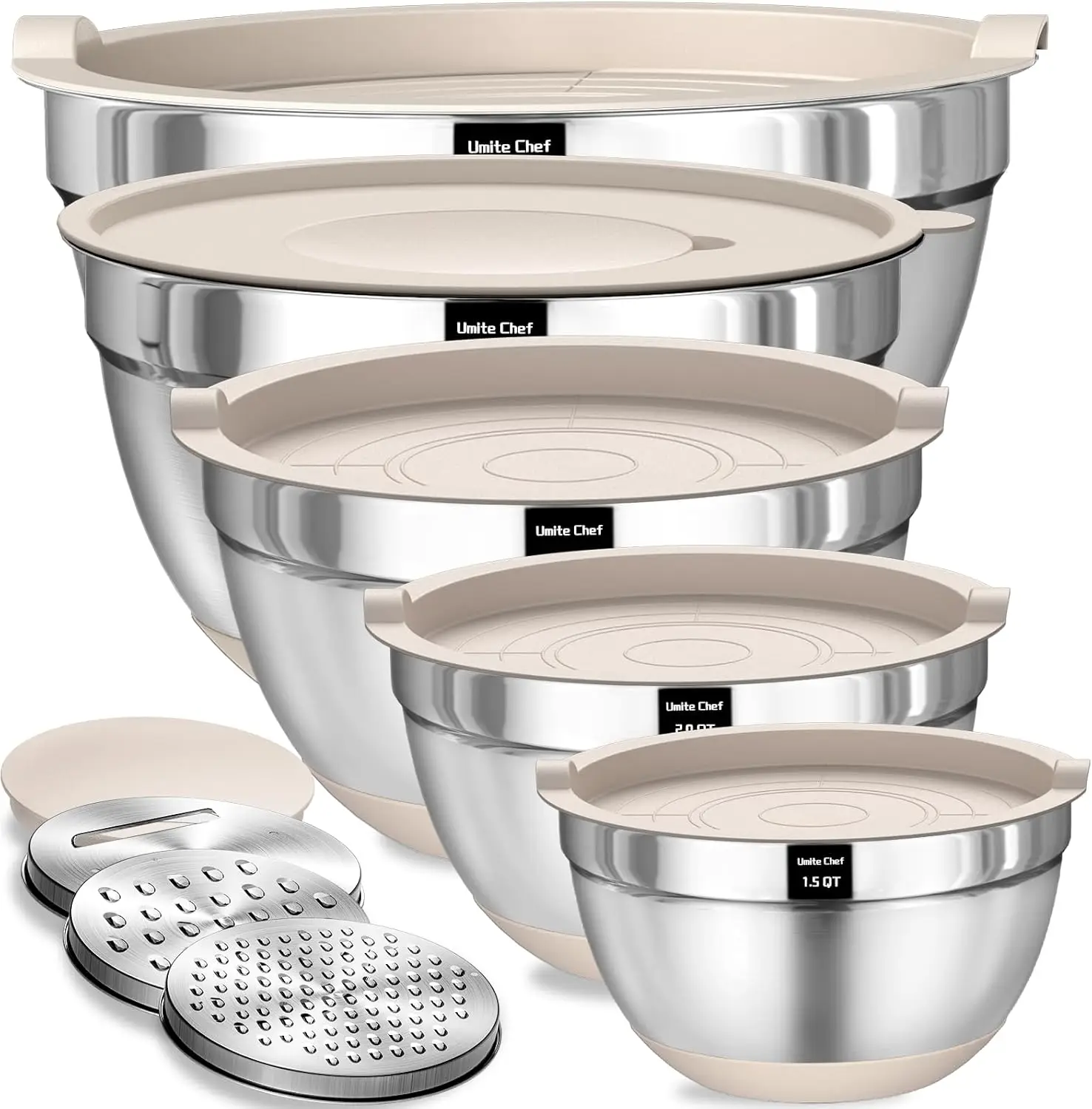8-Piece Stainless Steel Mixing Bowls Set with Airtight Lids, Non-Slip Bottoms, and Grater Attachments for Kitchen Use
8-Piece Stainless Steel Mixing Bowls Set with Airtight Lids, Non-Slip Bottoms, and Grater Attachments for Kitchen Use