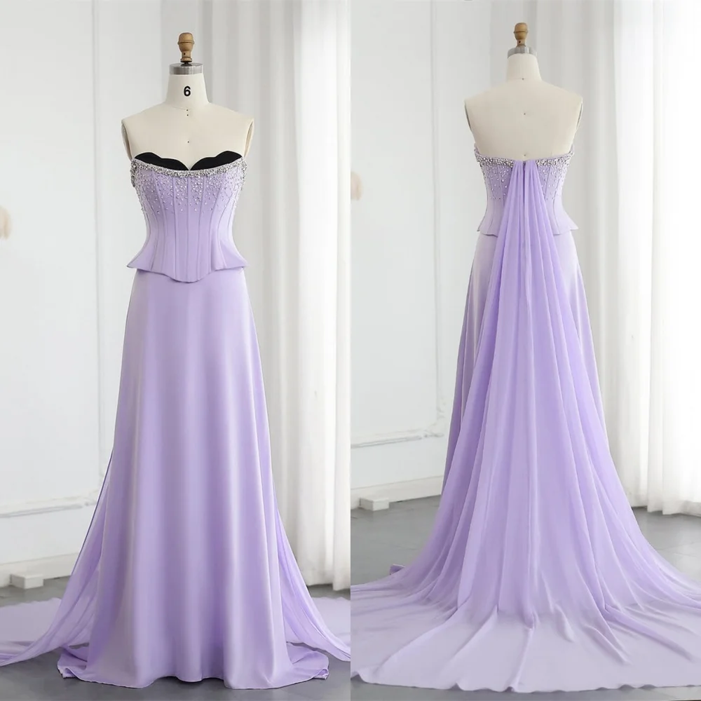 Customized Sparkly Light Purple Satin Evening Dress Romantic Strapless Sleeveless Zipper Back Crystal Special Occasion Gowns
Customized Sparkly Light Purple Satin Evening Dress Romantic Strapless Sleeveless Zipper Back Crystal Special Occasion Gowns