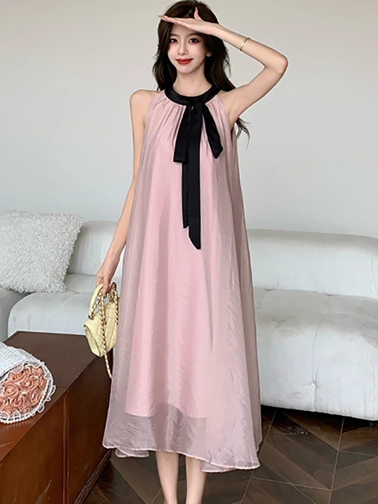 Summer Pink Sleeveless Chic Bow Neck-mounted Long Dress Women Elegant Casual Loose Waist Dress 2024 Korean Vintage Party Dresses
Summer Pink Sleeveless Chic Bow Neck-mounted Long Dress Women Elegant Casual Loose Waist Dress 2024 Korean Vintage Party Dresses