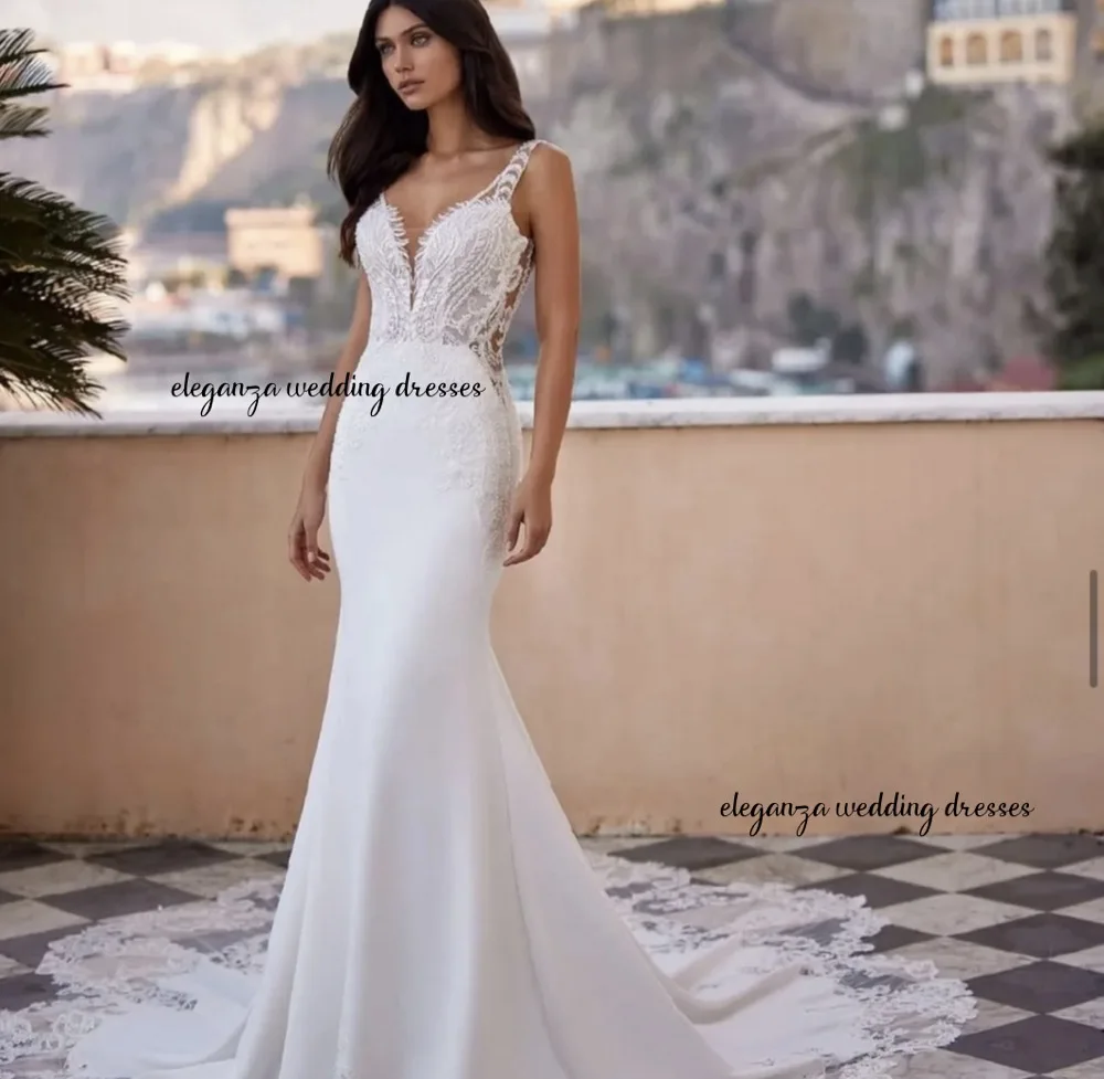 Customized V Neck Backless Soft Satin Mermaid Wedding Dresses Luxury Appliques Beaded Court Train Trumpet Bridal Gown
Customized V Neck Backless Soft Satin Mermaid Wedding Dresses Luxury Appliques Beaded Court Train Trumpet Bridal Gown