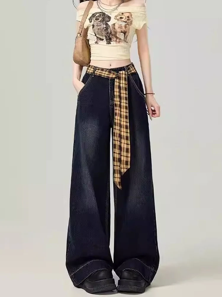 Retro American Plaid Splicing Belted Denim Pants Women's Loose Wide Leg High Waist Straight Cut Spring Summer Design Streetwear
Retro American Plaid Splicing Belted Denim Pants Women's Loose Wide Leg High Waist Straight Cut Spring Summer Design Streetwear
