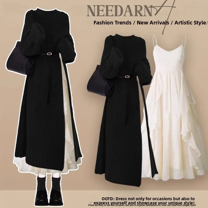 Soft Style Autumn Winter Black Loose High Slit Sweater Dress with Strap Vestment Women's Fashion Two-Piece Set Long Sleeve
Soft Style Autumn Winter Black Loose High Slit Sweater Dress with Strap Vestment Women's Fashion Two-Piece Set Long Sleeve