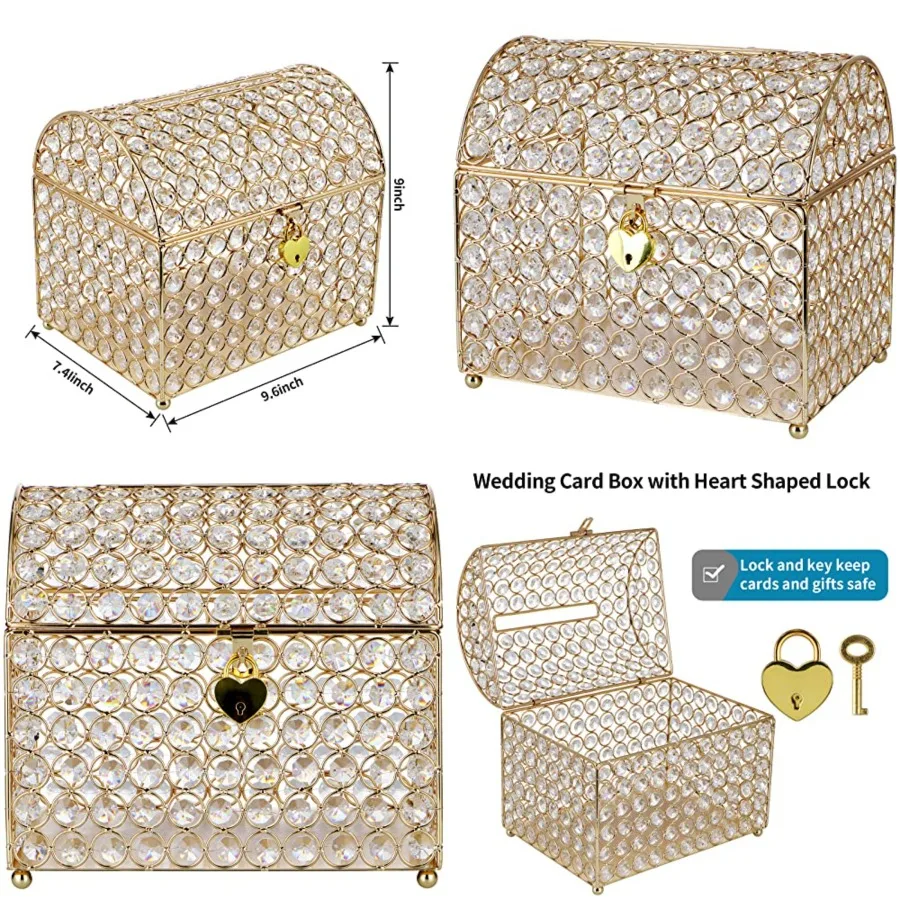 Treasure Chest Card Box with Heart Shaped Lock, Crystal Bead Envelope Holder for Wedding, Shower, Birthday Party, Graduation
Treasure Chest Card Box with Heart Shaped Lock, Crystal Bead Envelope Holder for Wedding, Shower, Birthday Party, Graduation