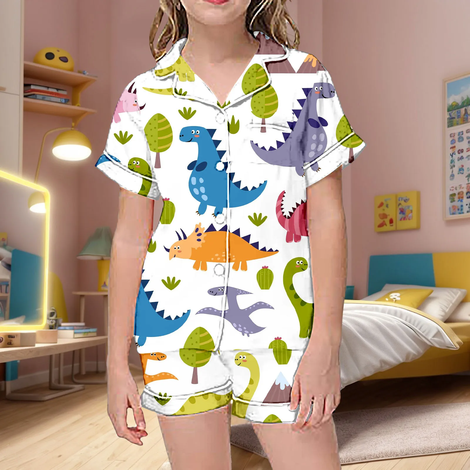 Children's Home Pajamas Clothes Cartoon Cute Dinosaur Print Short Sleeved Shorts Set Cardigan Children's Pajamas Two-piece Set
Children's Home Pajamas Clothes Cartoon Cute Dinosaur Print Short Sleeved Shorts Set Cardigan Children's Pajamas Two-piece Set