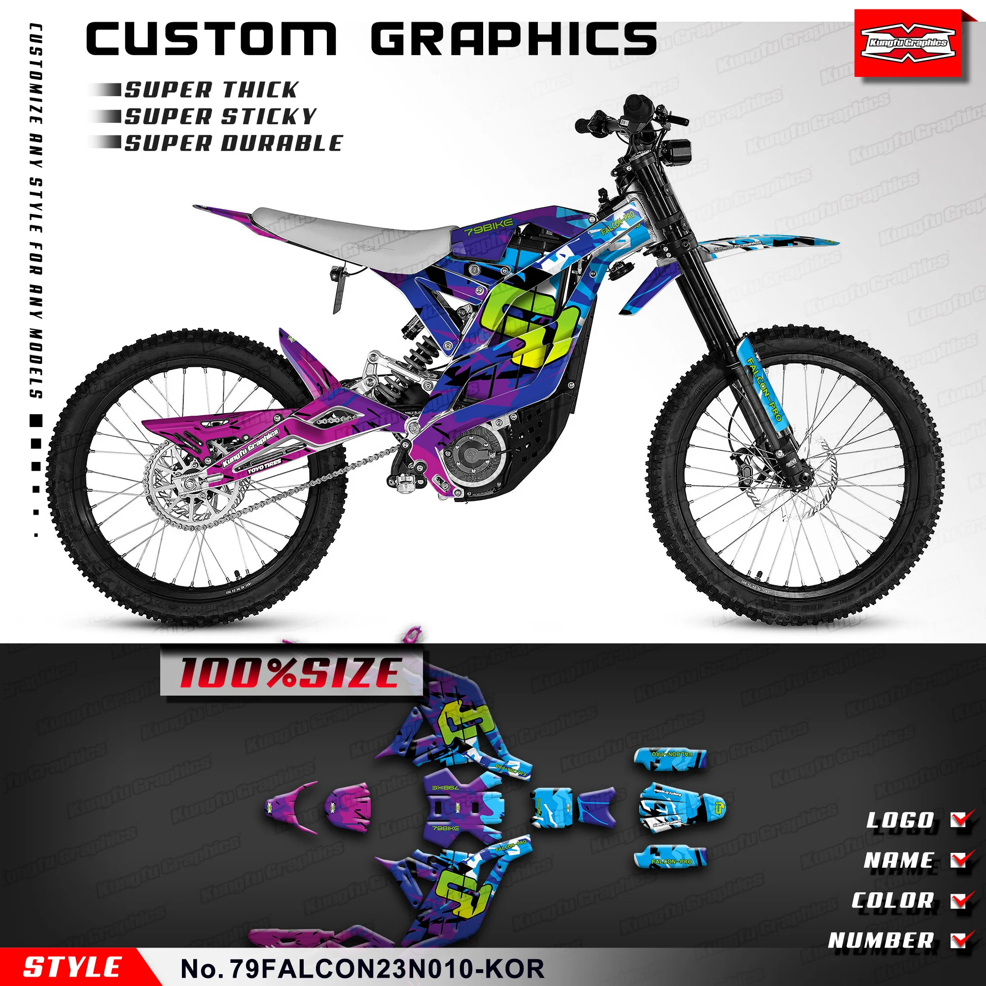 KUNGFU GRAPHICS MX Stickers Enduro Motorcycle Graphics for 79BIKE Falcon Pro Dirt eBike 79 Bike, Accessories, 79FALCON23N010-KOR
KUNGFU GRAPHICS MX Stickers Enduro Motorcycle Graphics for 79BIKE Falcon Pro Dirt eBike 79 Bike, Accessories, 79FALCON23N010-KOR