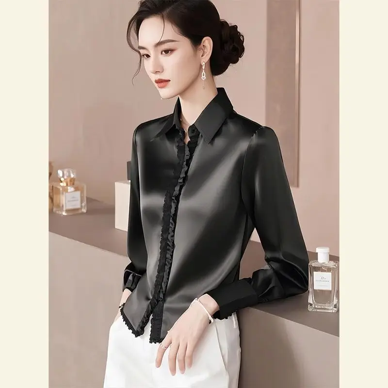 2025 Spring New Office Lady Simplicity Buttons Satin Shirts Ladies Temperament Ruffles Solid Color Turn-down Collar Blouse Tops
2025 Spring New Office Lady Simplicity Buttons Satin Shirts Ladies Temperament Ruffles Solid Color Turn-down Collar Blouse Tops