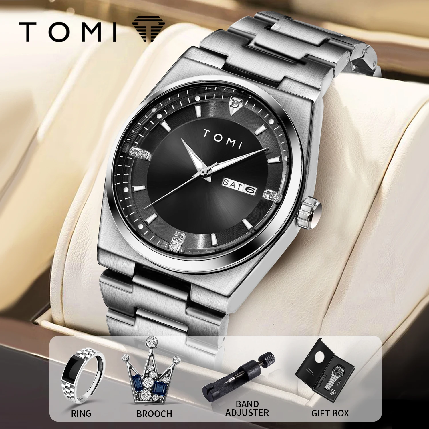TOMI Мужские часыBusinessSet Box Кварцевые часы со стальным ремешком КалендарьWatchNightLightLifeВодонепроницаемые наручные часы с манжетом для мужчинПодарок
TOMI Мужские часыBusinessSet Box Кварцевые часы со стальным ремешком КалендарьWatchNightLightLifeВодонепроницаемые наручные часы с манжетом для мужчинПодарок