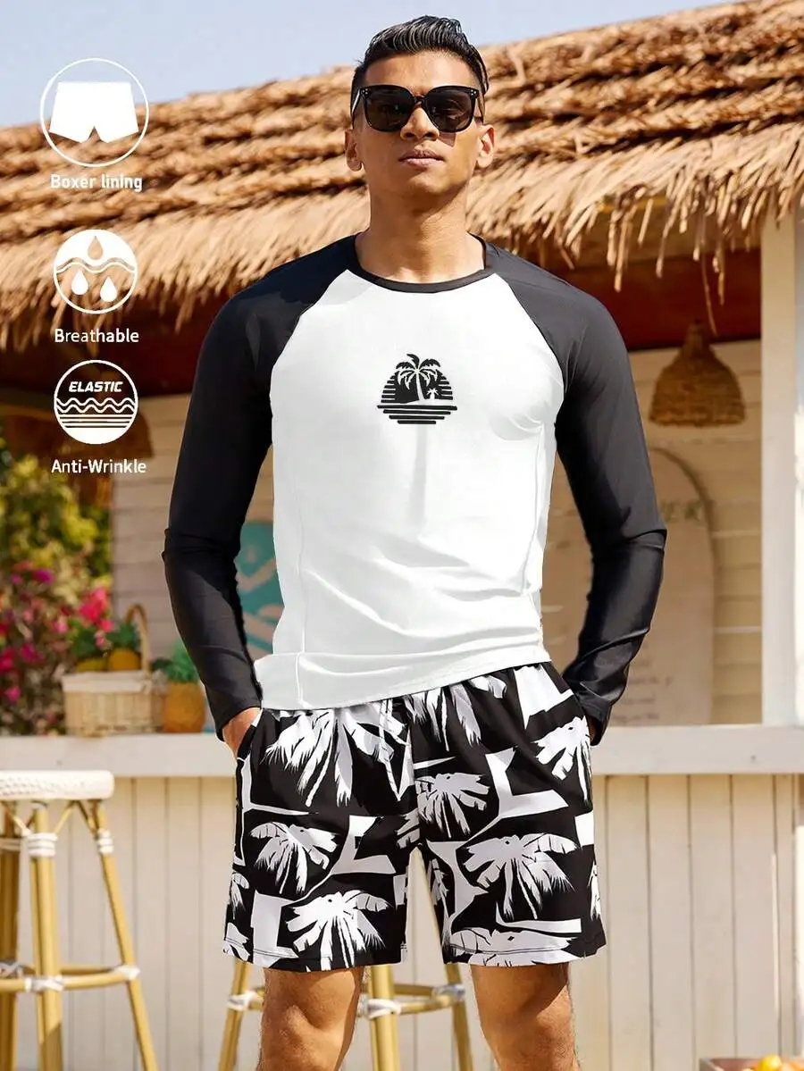 Mens Tropical Print Raglan Sleeve Top And Drawstring Waist Shorts Swimsuit Set
Mens Tropical Print Raglan Sleeve Top And Drawstring Waist Shorts Swimsuit Set