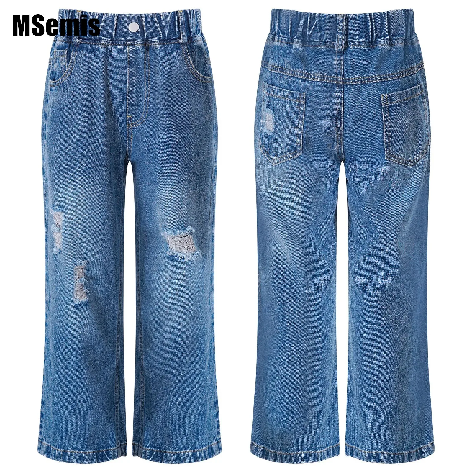 Kids Girls Ripped Jeans Stylish Clothing Elastic Waistband Denim Solid Color Casual Wide Leg Pants with Multi-pockets
Kids Girls Ripped Jeans Stylish Clothing Elastic Waistband Denim Solid Color Casual Wide Leg Pants with Multi-pockets