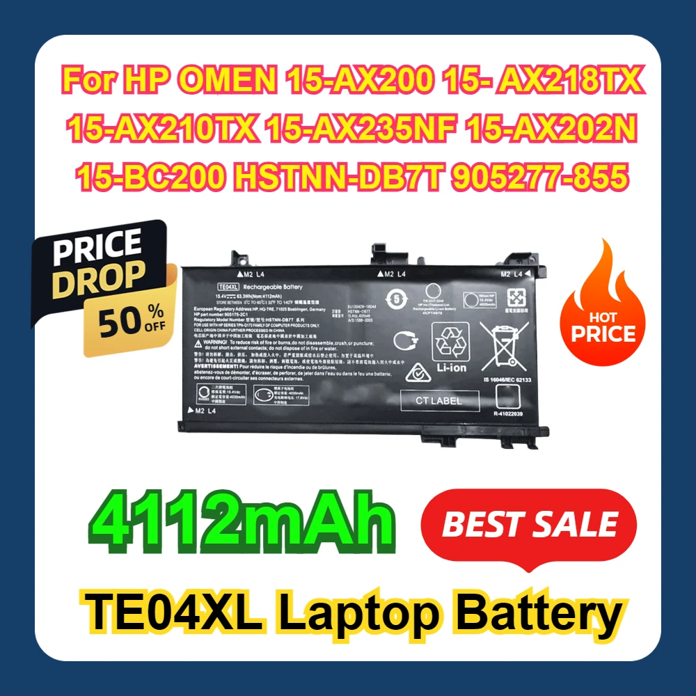 TE04XL Laptop Battery For HP OMEN 15-AX200 15- AX218TX 15-AX210TX 15-AX235NF 15-AX202N 15-BC200 HSTNN-DB7T 905277-855 4112mAh
TE04XL Laptop Battery For HP OMEN 15-AX200 15- AX218TX 15-AX210TX 15-AX235NF 15-AX202N 15-BC200 HSTNN-DB7T 905277-855 4112mAh